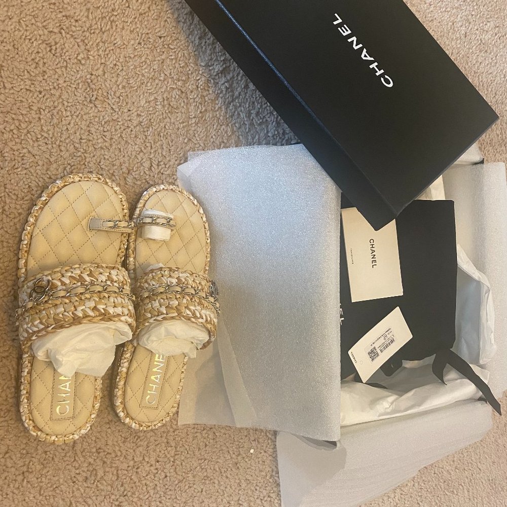 Chanel Braided Sandals with CC Logo Pendant